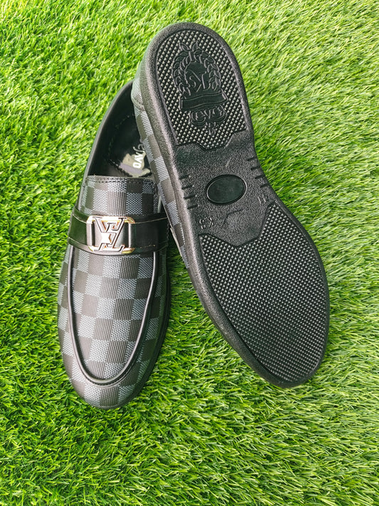 Men’s Black Checkered Loafers – Premium Slip-On Dress Shoes with Gold Metal Buckle