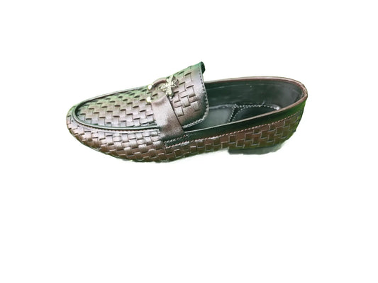 Men’s Brown Woven Loafers – Premium Slip-On Design with Luxury Bee Metal Accent