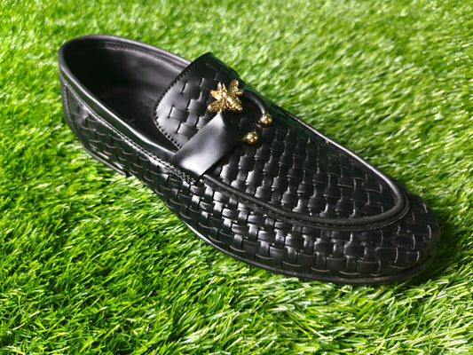Men’s Black Textured Loafers – Premium Slip-On Shoes with Gold Buckle Accent