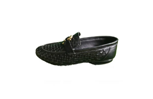 Men’s Black Textured Loafers – Premium Slip-On Shoes with Gold Buckle Accent