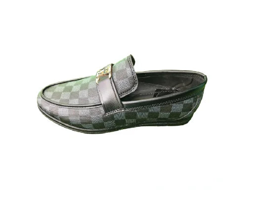 Men’s Black Checkered Loafers – Premium Slip-On Dress Shoes with Gold Metal Buckle